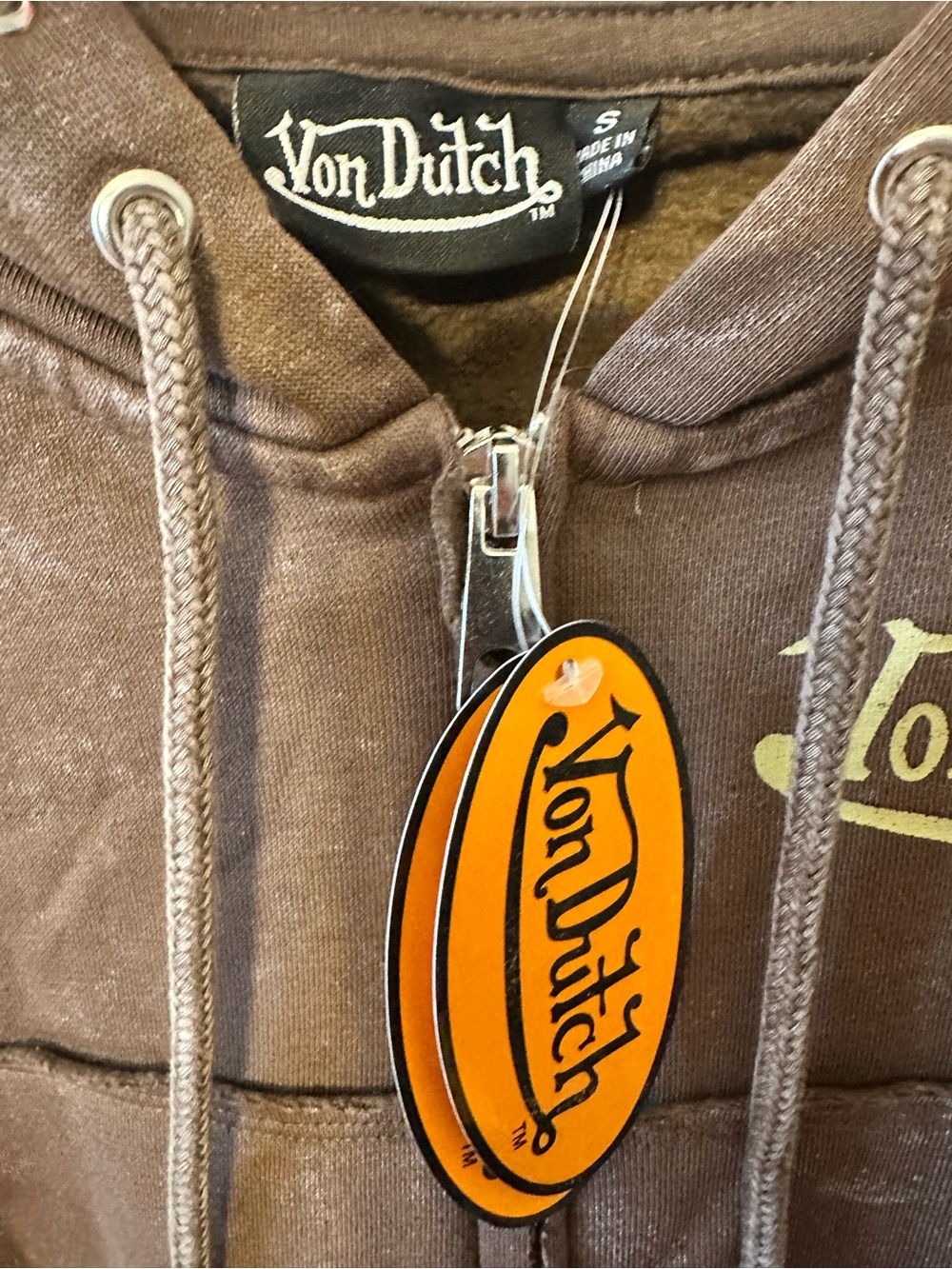 Von Dutch Brown western Vintage-Wash Cropped Zip Hoodie. Size small - Picture 8 of 8